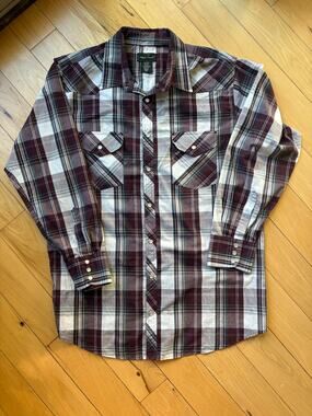 High Noon Men's Pearl Snap Western Plaid Shirt Maroon / Grey